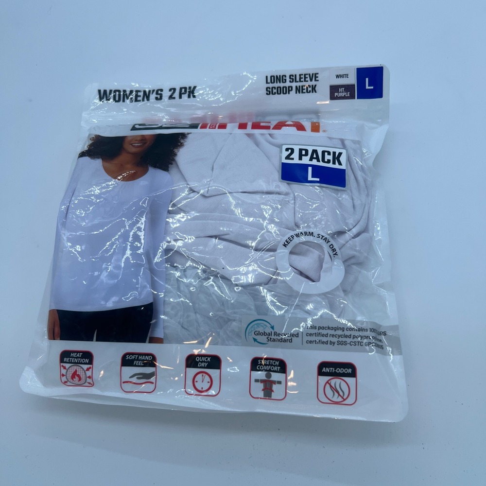 32 Degrees Heat Womens 2 Pack Long Sleeve Scoop Neck Thermal Tops White Purple L